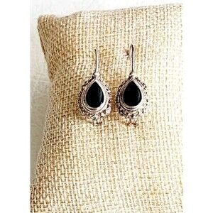 Vintage Sterling Silver Teardrop Onyx Filigree Earrings 1" 4.79g